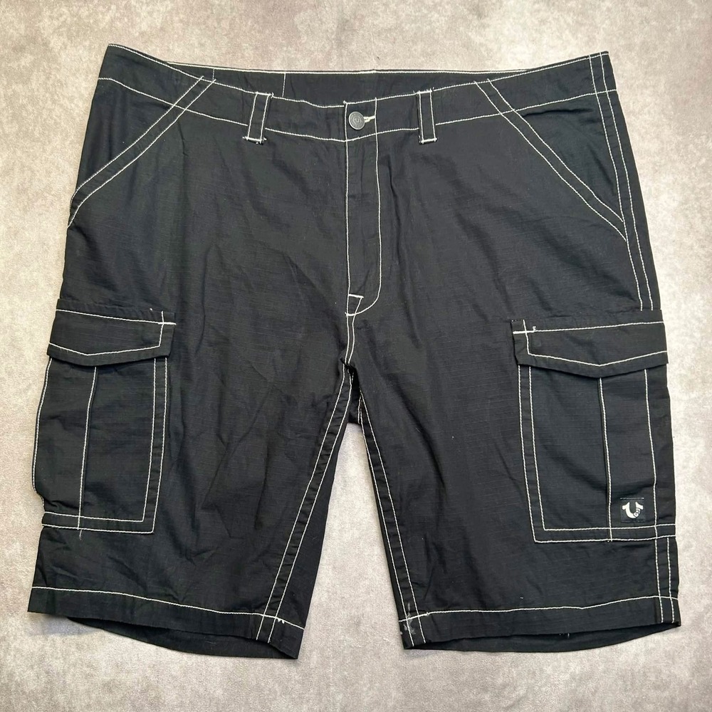 True Religion Mens Black Ripstop Cargo Shorts White Contrast Stitch Size 42